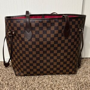 Stylish Brown Checkered Tote with Red Lining